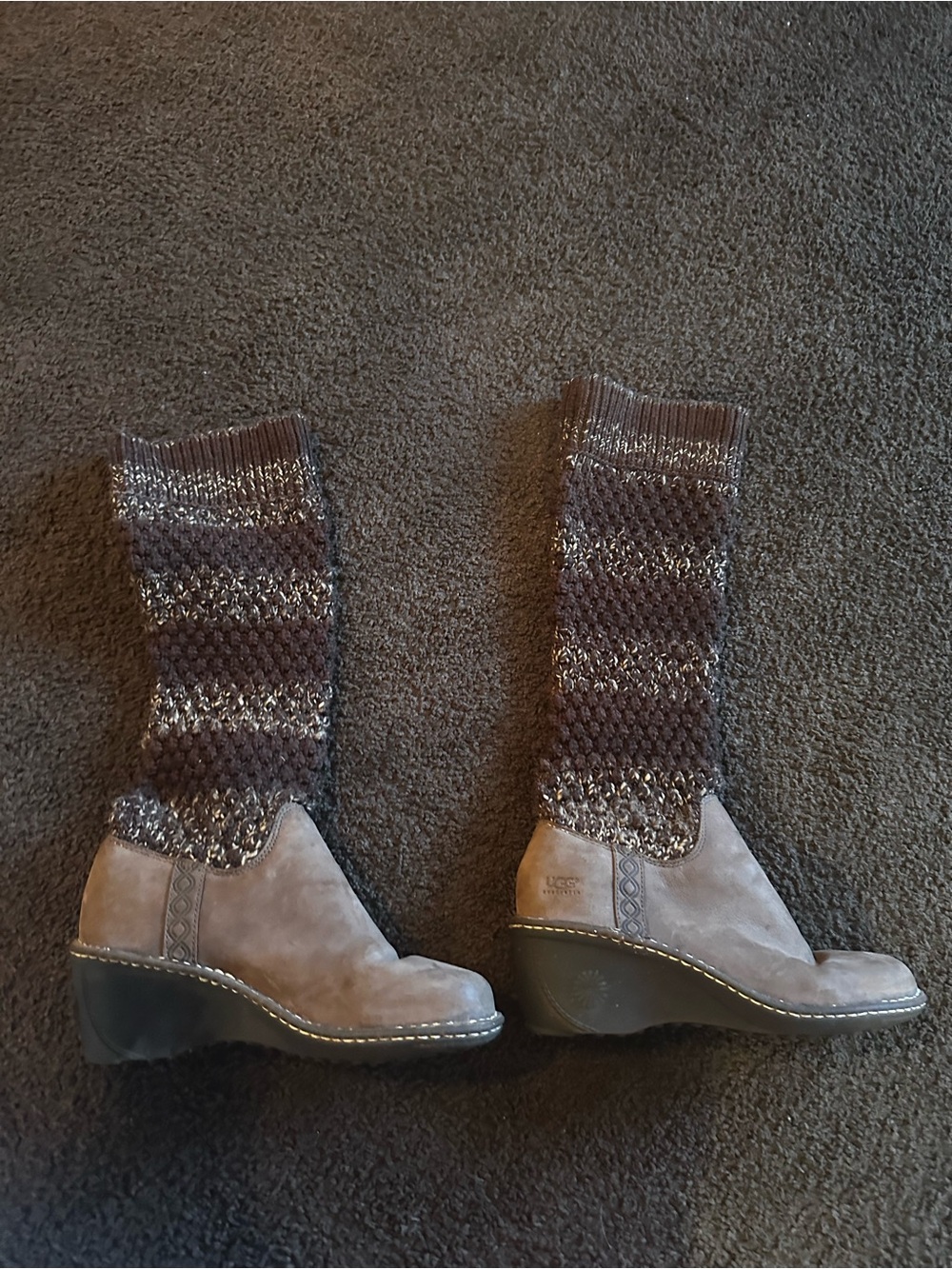 UGG Women's Brown Suede Wedge Boots with Knit Shaft